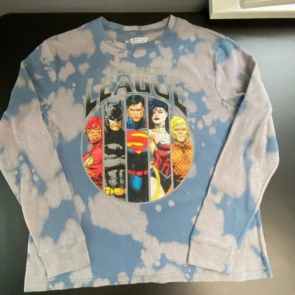 Justice League Adult Large Waffle Knit Thermal  Shirt Acid Wash Superhero Grunge
